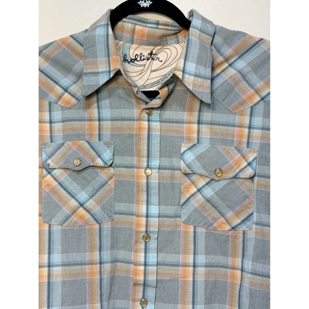 Vintage Hollister Shirt Large Western Plaid Blue Cotton Long Sleeve Button